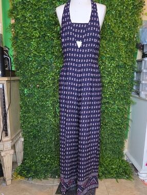 Skies Are Blue Navy Jumpsuit with Pink and White Geometric Print